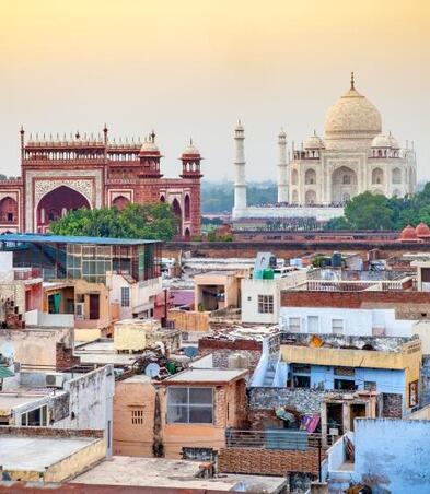 Arial view of Agra Fort and Taj Mahal at sunset