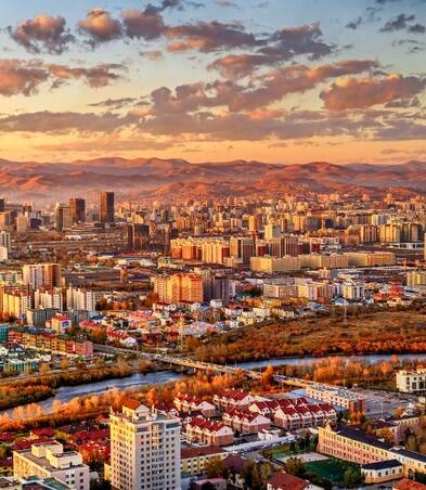 Sunset areial view of Ulaanbaatar, capital of Mongolia, the coldest capital city in the world by average yearly temperature