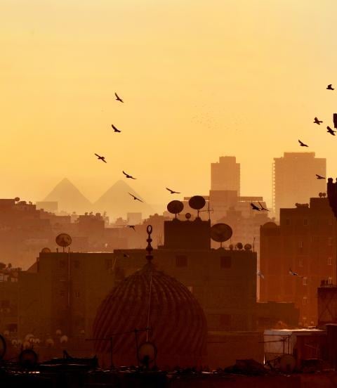 The skyline of Cairo at sunset with birds over domes and satellite dishes with distant pyramids at Giza