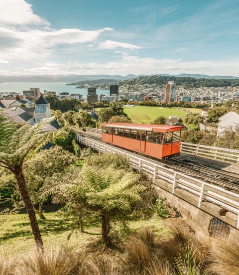 Aerial view over the city of Wellington, New Zealand, with a cable car climbing up the hill in the middle.