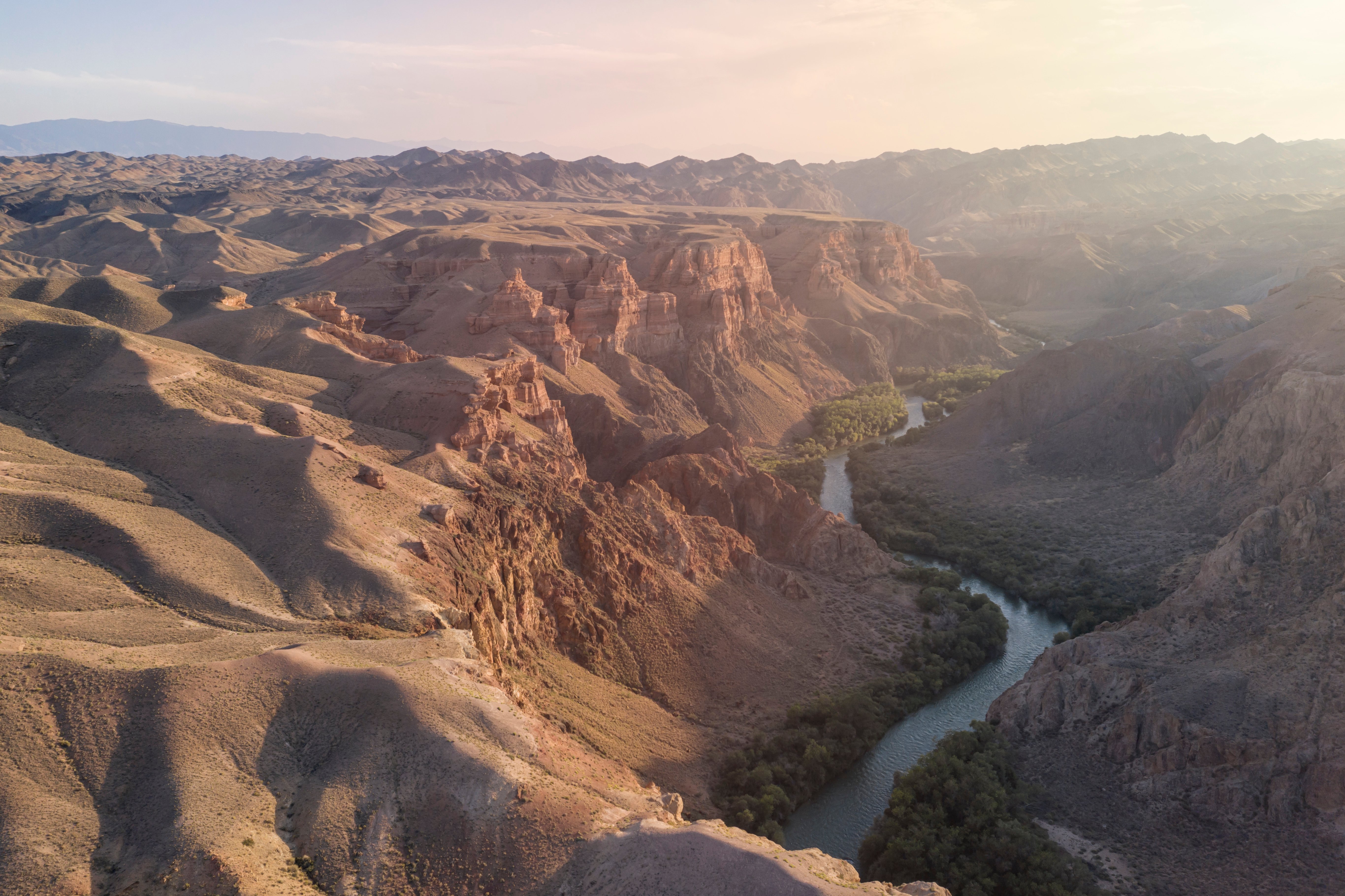 Aerial view of the Charyn Canyon and Charyn River in Kazakhstan, Central Asia, at sunset