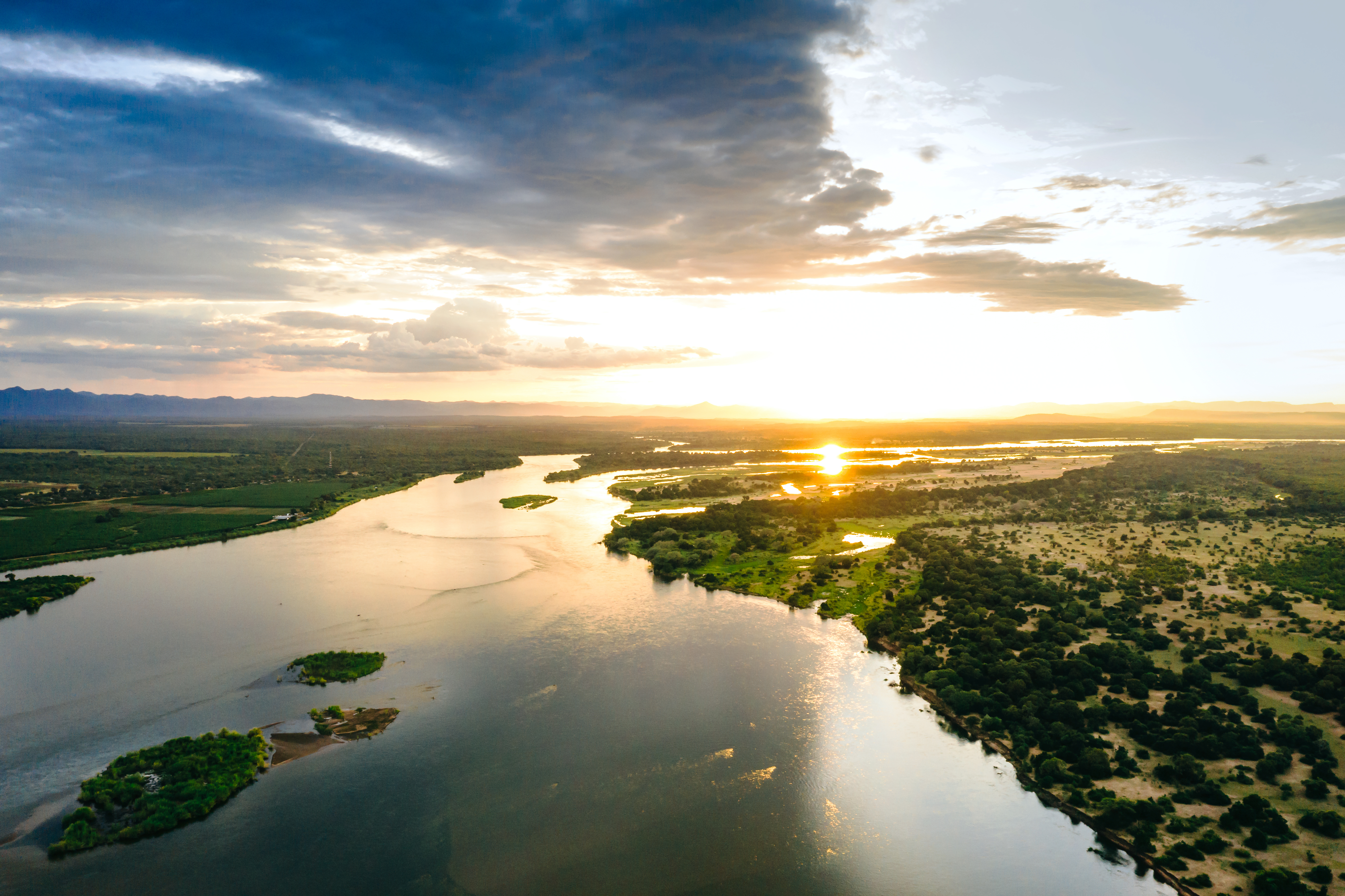 Aerial View over the Zambezi River, Zambia, the largest river flowing into the Indian Ocean from Africa