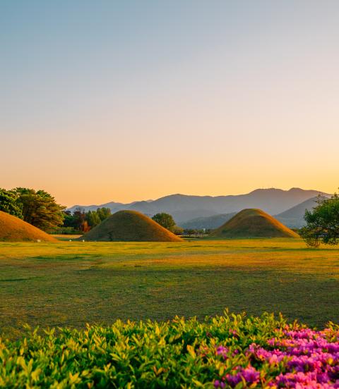 Sunset view of Gyeongju Daereungwon Tomb Complex grass mounds in Gyeongju, Korea