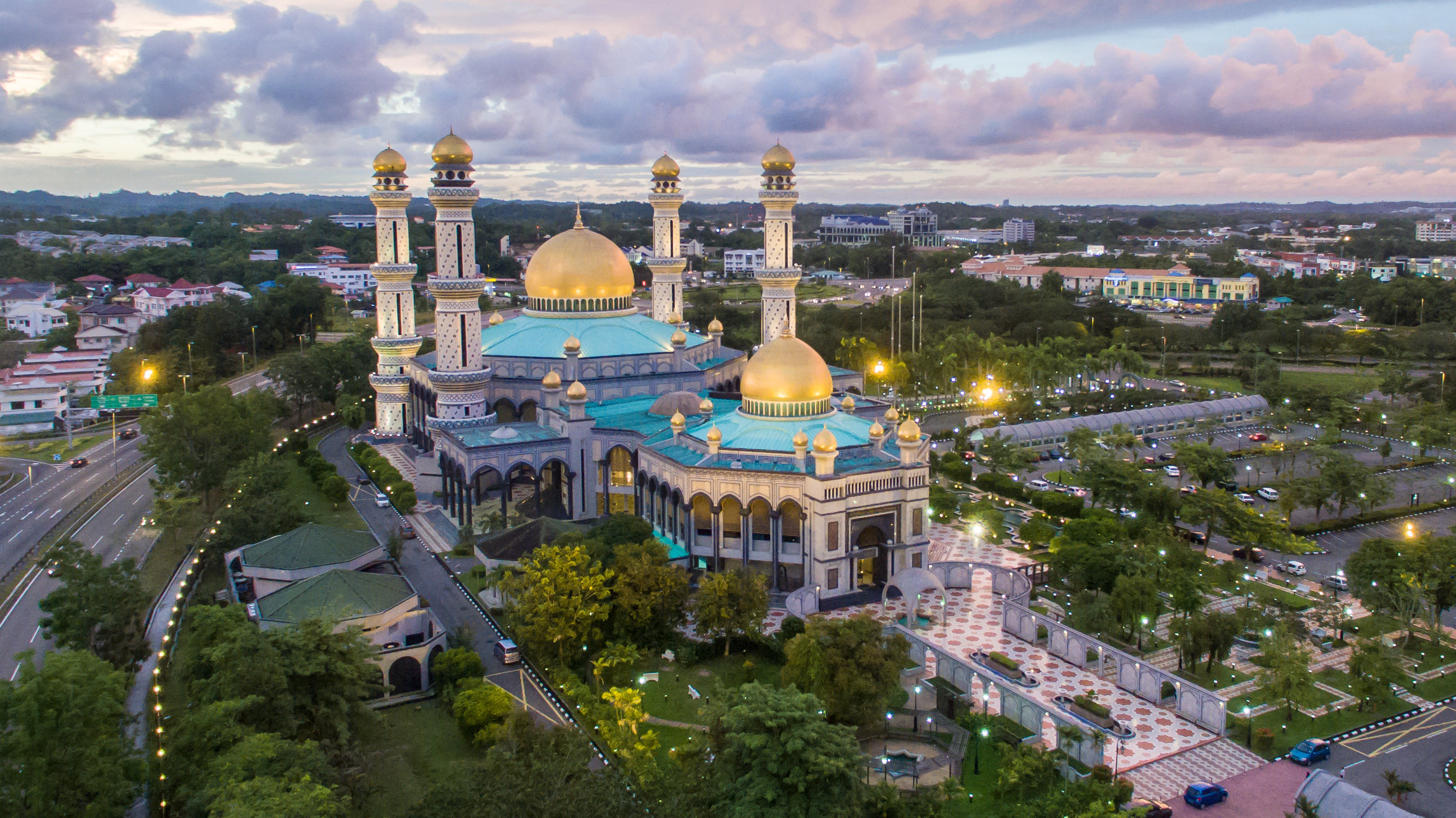 Aerial view of Jame' Asr Hassanil Bolkiah Mosque with 29 golden domes to honor the 29th Sultan of Brunei