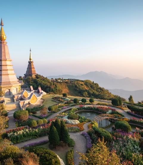 "Doi Inthanon twin pagodas atop Inthanon mountain, the highest in Thailand, near Chiang Mai "