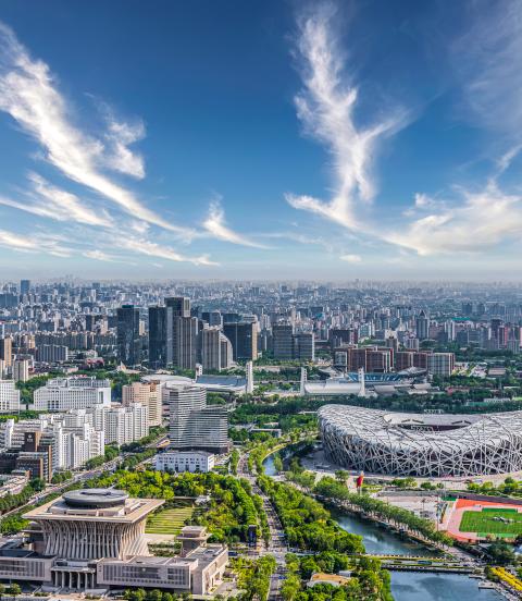 Beijing City aerial view featuring the Beijing National Arena, also known as The Bird's Nest, built for the 2008 Olympic arena 