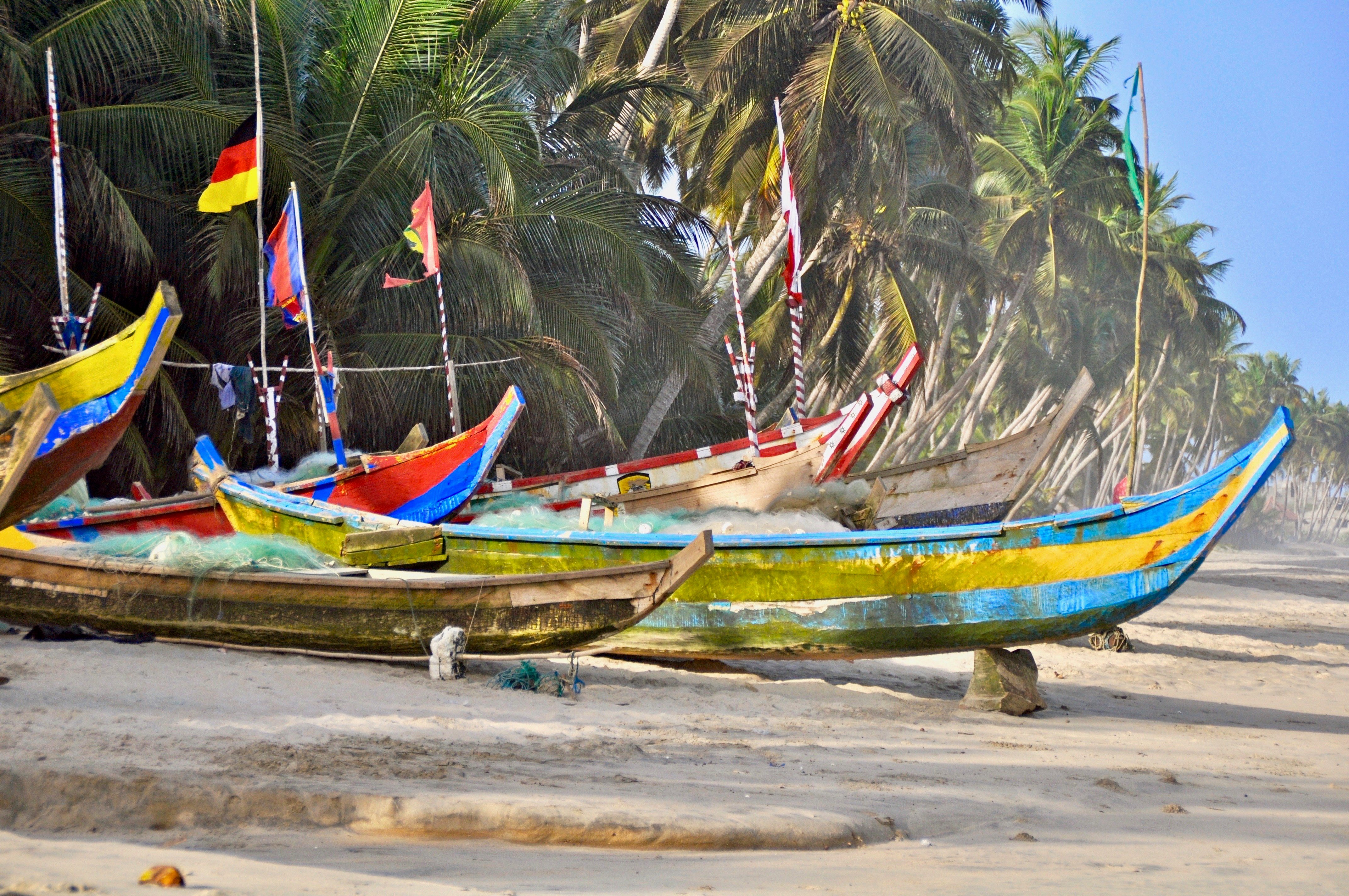 Traditional wooden fishing boats (pirogues) moored at the beach