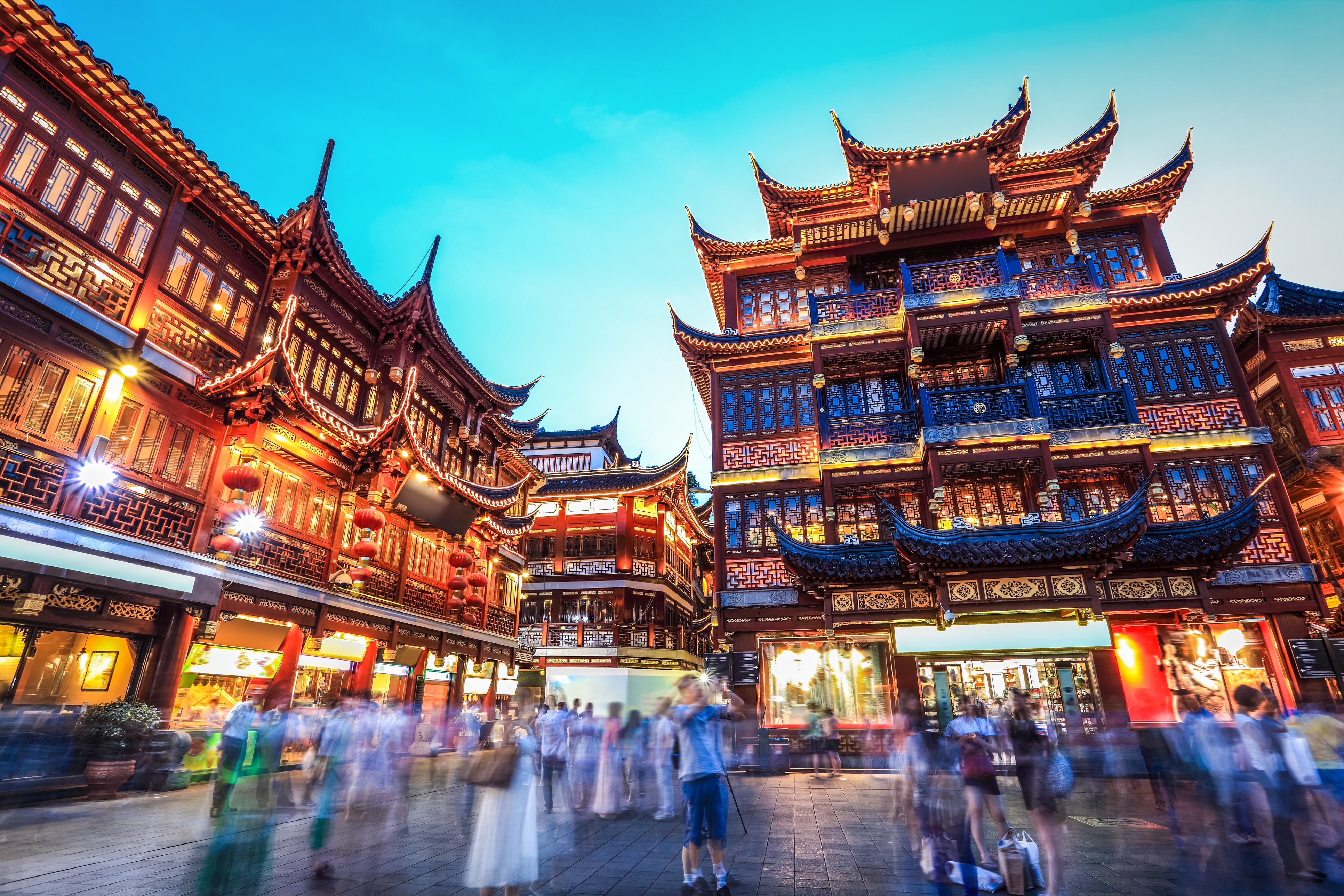 Yuyuan garden at night, traditional shopping area in Shanghai, China