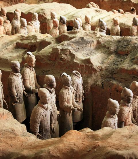 Terra-cotta army soilders, part of an elaborate mausoleum created to accompany the first emperor of China into the afterlife