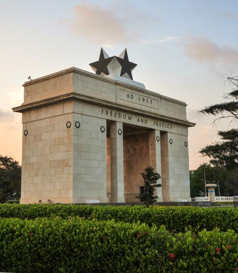 The Independence Square of Accra, Ghana, inscribed with the words "Freedom and Justice, AD 1957", commemorates the independence of Ghana, a first for Sub Saharan Africa.