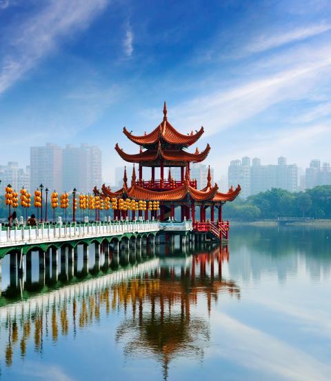 Floating temple on the Lotus Pond, is the largest man-made pond in Zuoying district in Kaohsiung