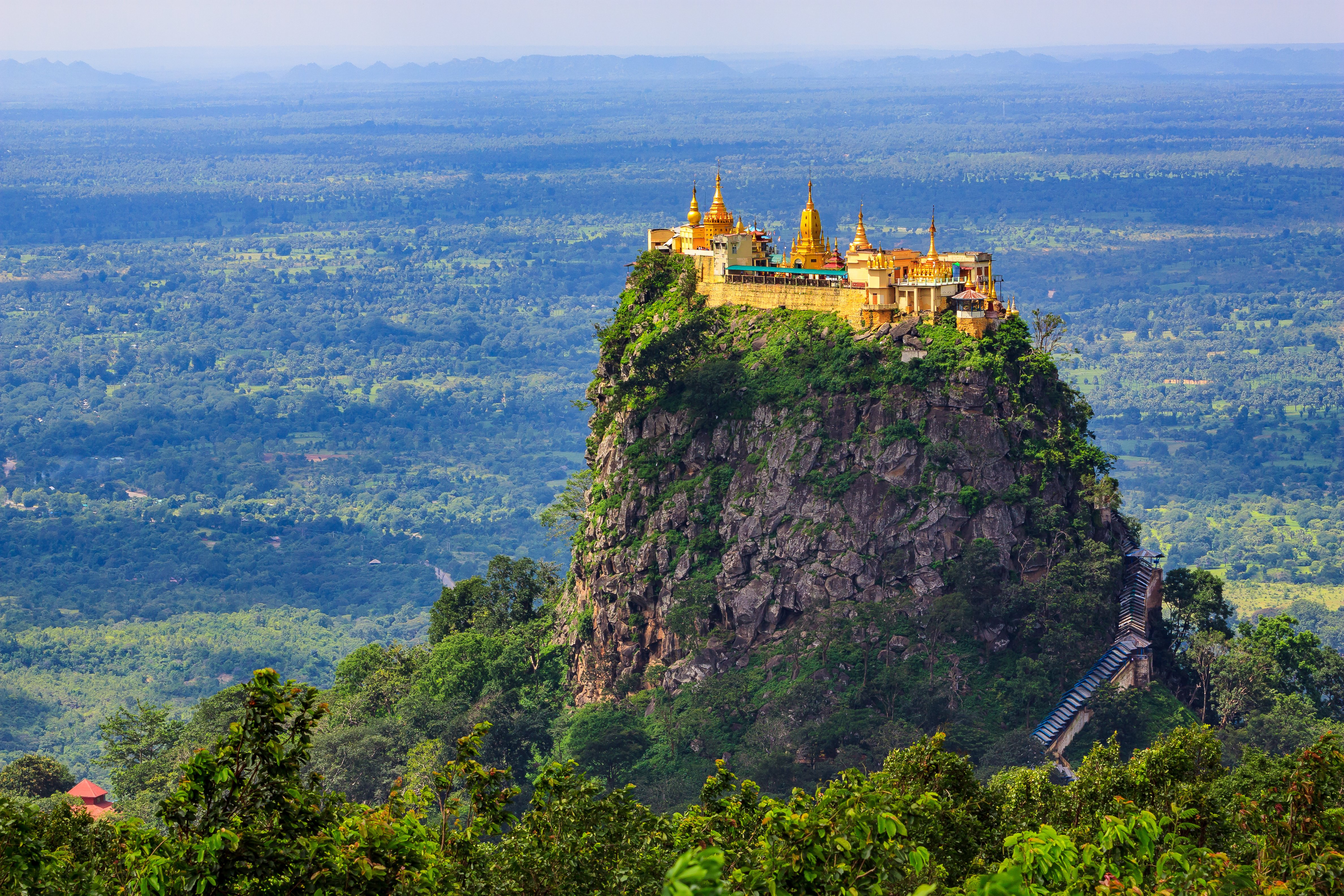 Built high on the volcanic plug of Mount Papa, Taung Kalat is a Buddhist monastery and temple