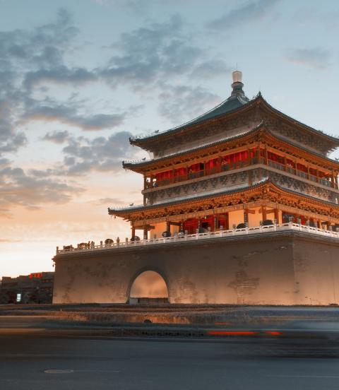 China ancient city gate tower at sunset