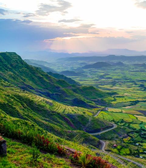 Panorama of Semien mountains and valley around Lalibela, Ethiopia