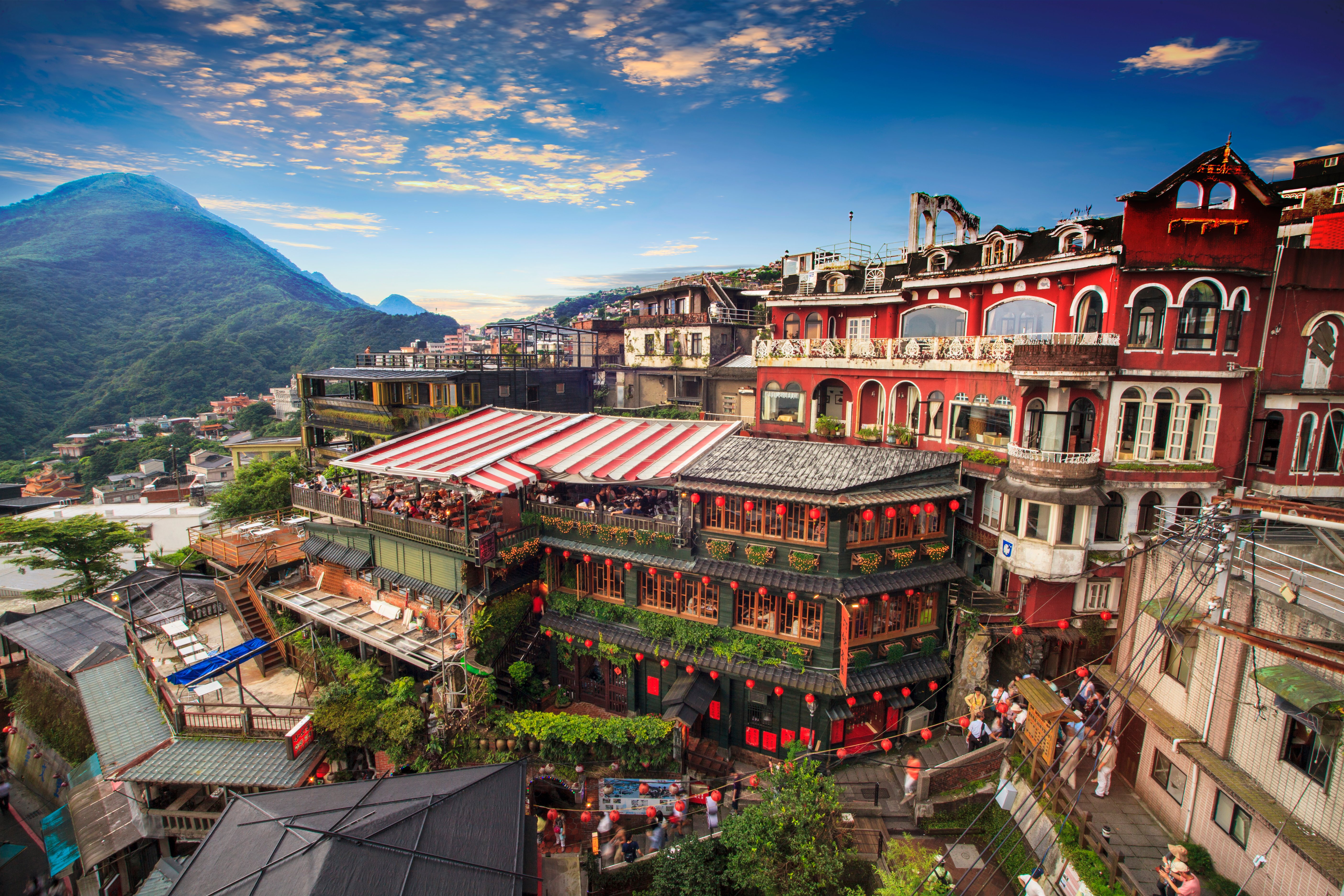 Evening view of hillside tea houses Jioufen village