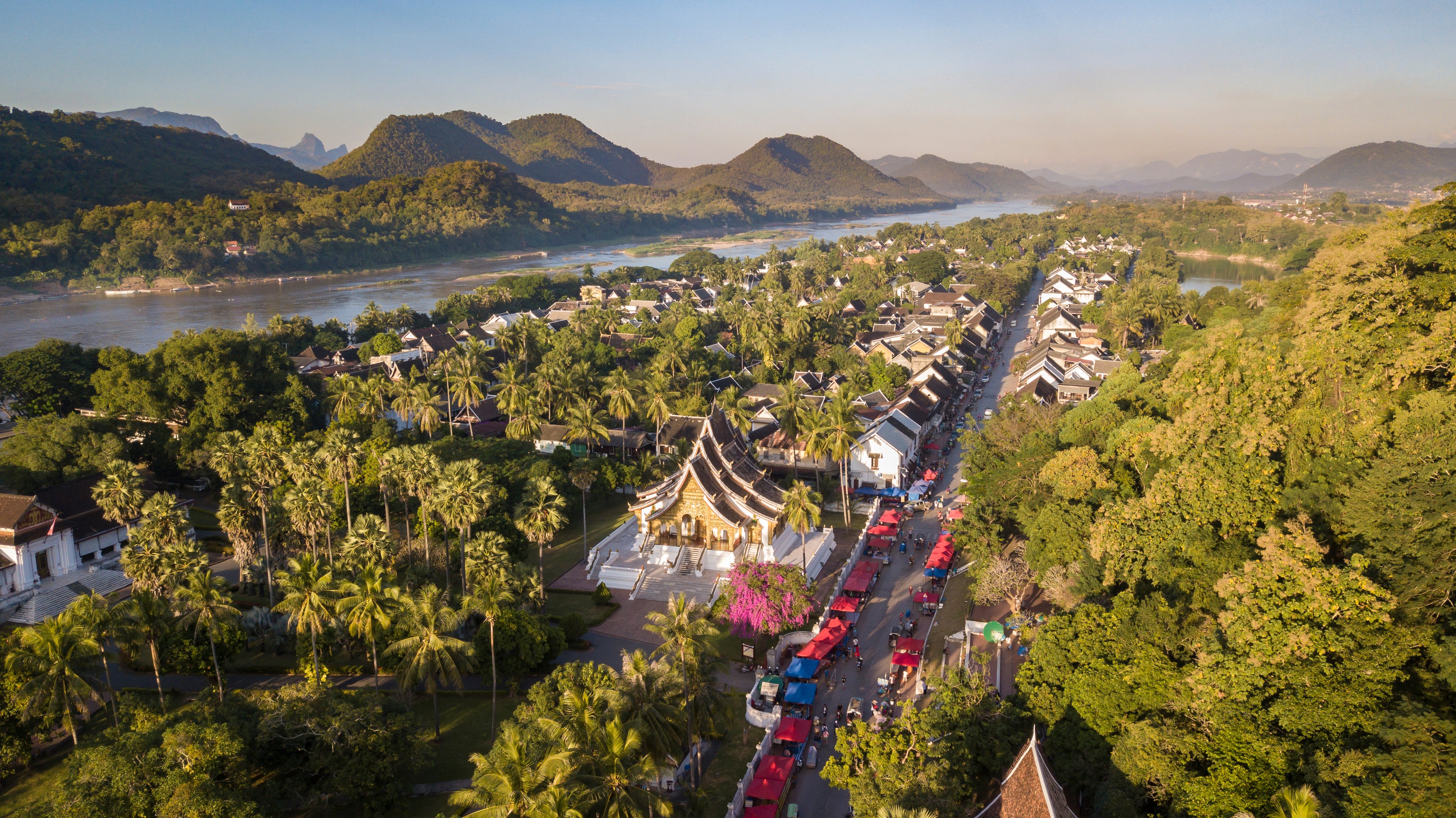 Aerial view of Luang Prabang along the Mekong River, an UNESCO World Heritage city in Laos