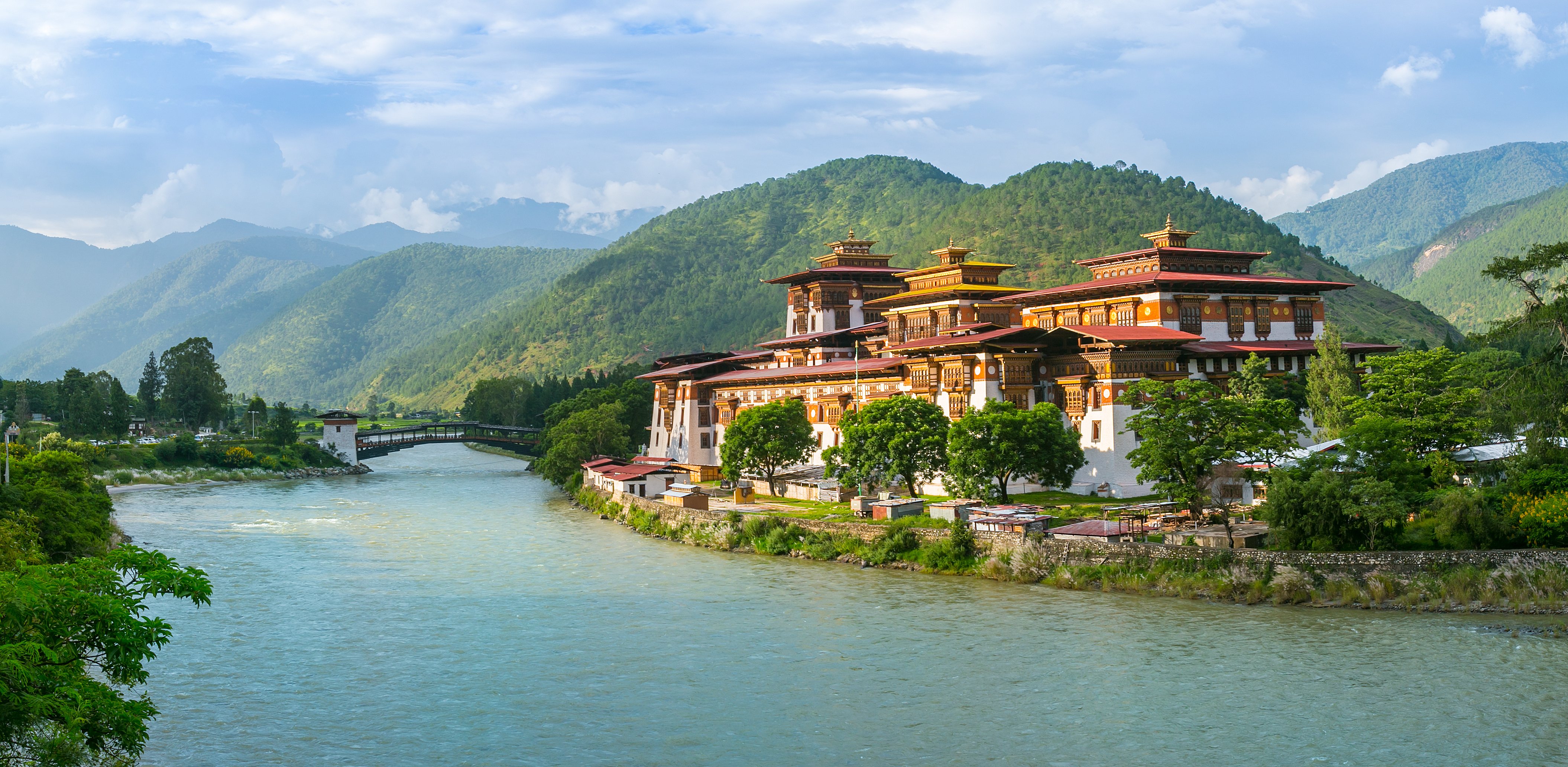 The Punakha Dzong between the Pho Chhu river and Mo Chhu river in Bhutan, Himalaya