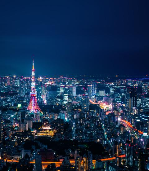 skyline of neon lights and skyscrapers in metropolis