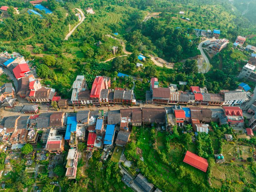 Aerial view of Bandipur from Thani mai temple hill. Nepal. Main street with shops and commercial activities