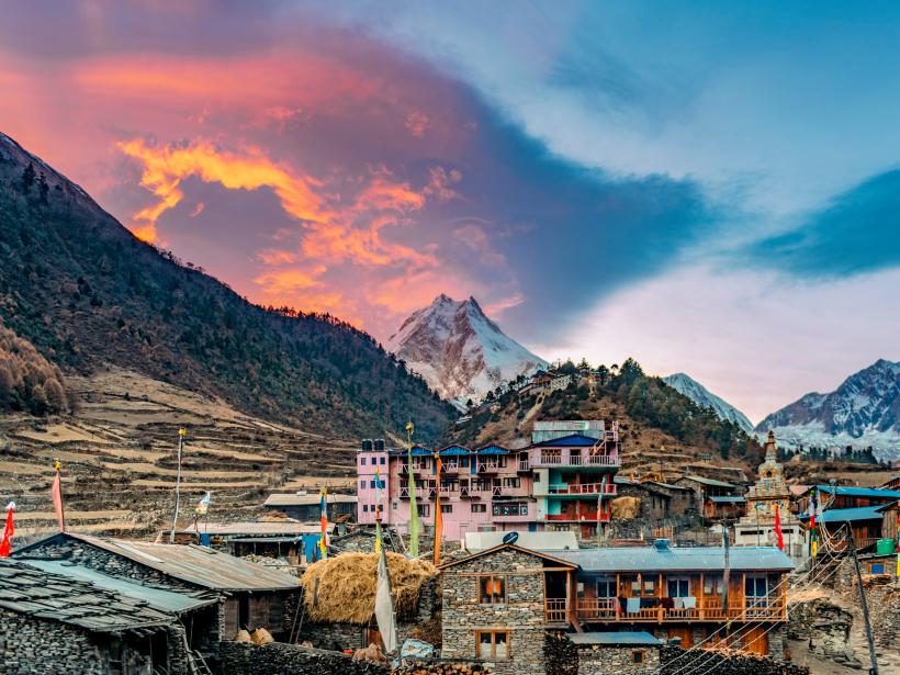 Beautiful dramatic sunset over Mount Manaslu in Himalaya mountains, Nepal. Manaslu circuit trek in December