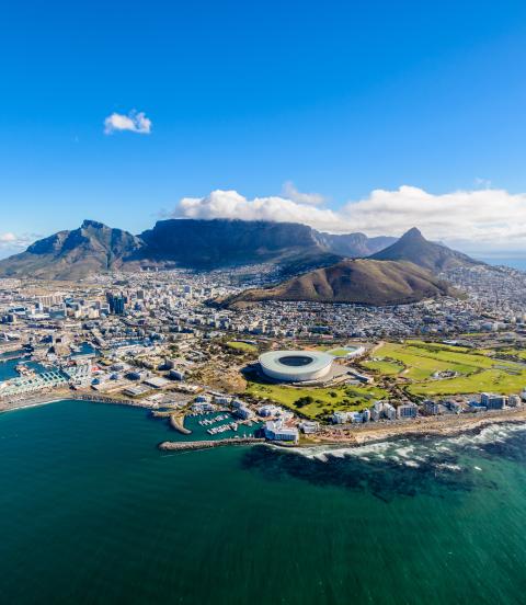 Aerial view of Cape Town, South Africa on a sunny afternoon. 