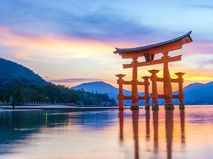 Itsukushima Shrine is a giant torii gate near Hiroshima